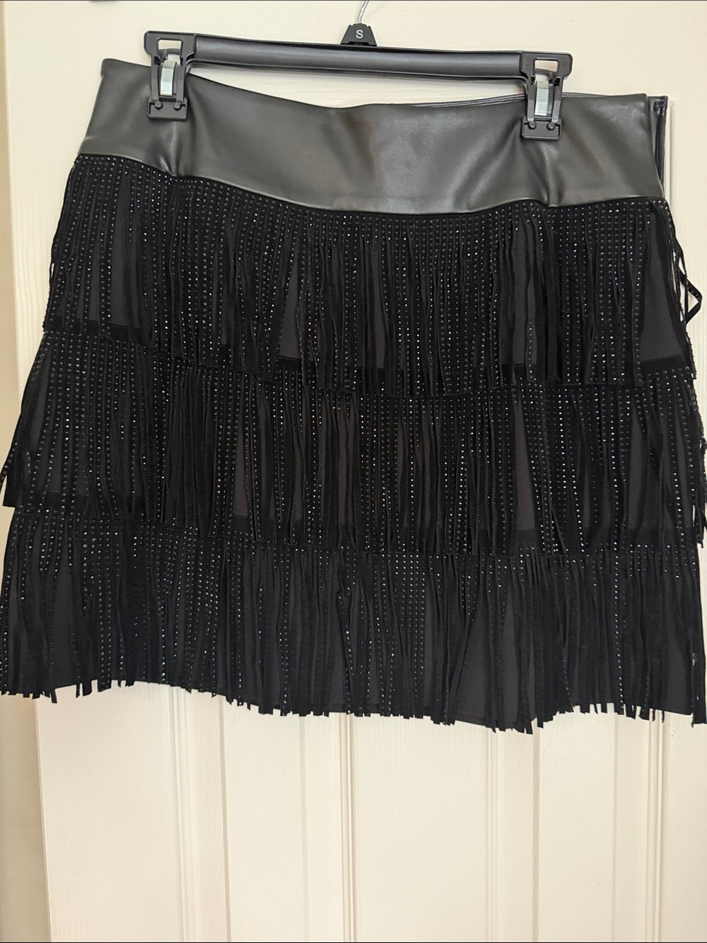 DKNY Black Fringed Mini Skirt with Faux Leather Waist